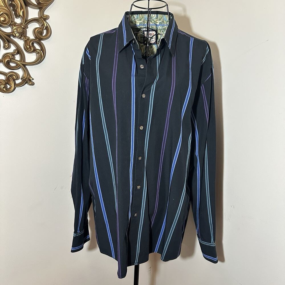 J Garcia Shirt Mens XL Flip Cuff Button Long Sleeve Striped Geometric Read